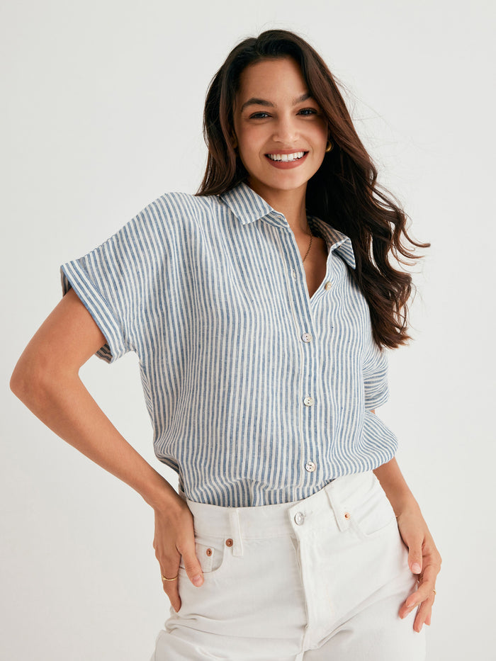 Thea 100% Linen Striped Classic Button-Front Shirt